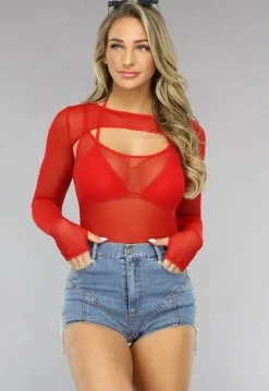 Longsleeve Mesh Bodysuit Set in Rood