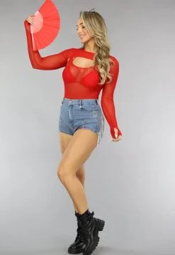 Longsleeve Mesh Bodysuit Set in Rood