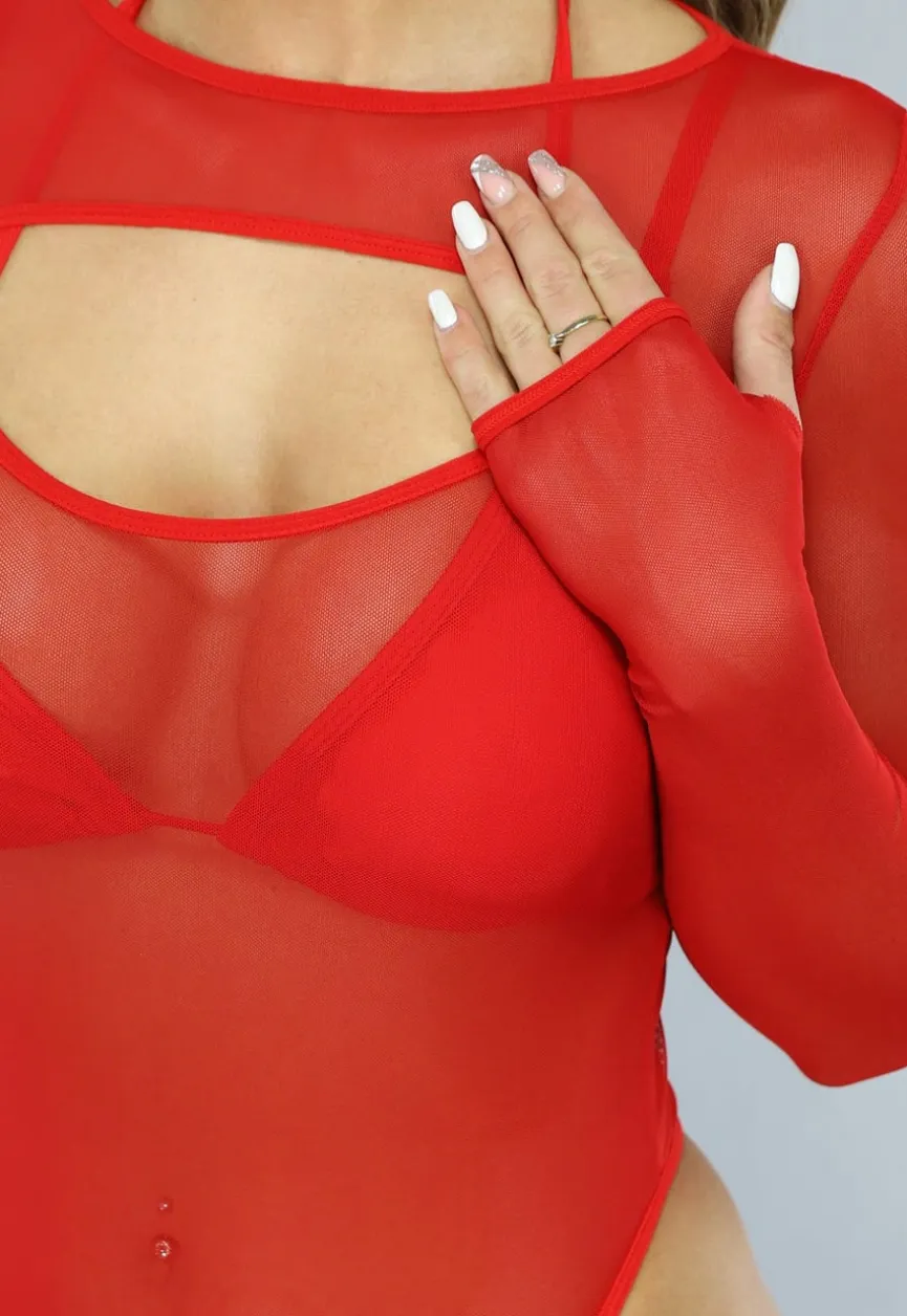 Longsleeve Mesh Bodysuit Set in Rood