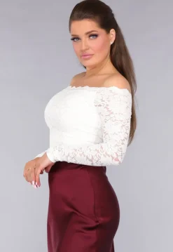 Longsleeve Off-Shoulder Lace Top in Wit