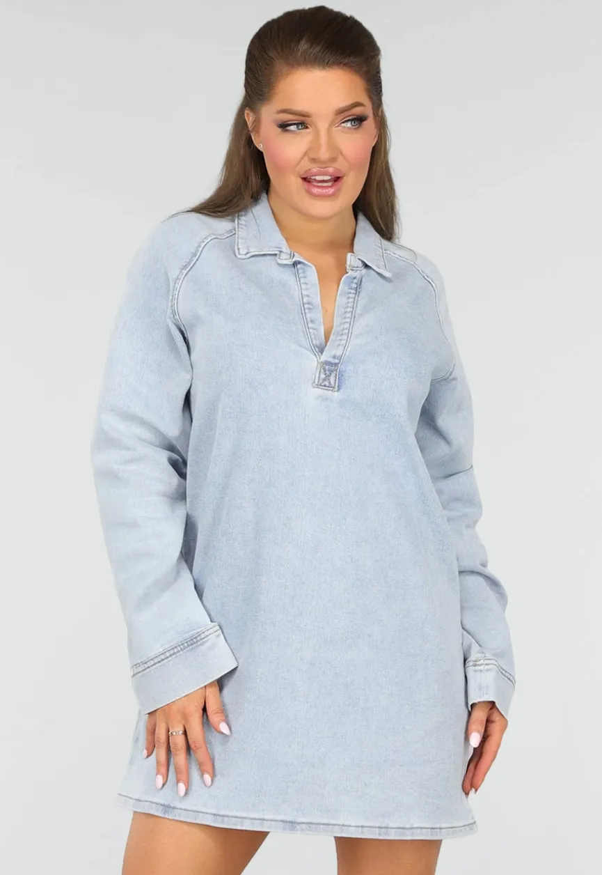 Longsleeve Oversized Denim Jurk met V-hals