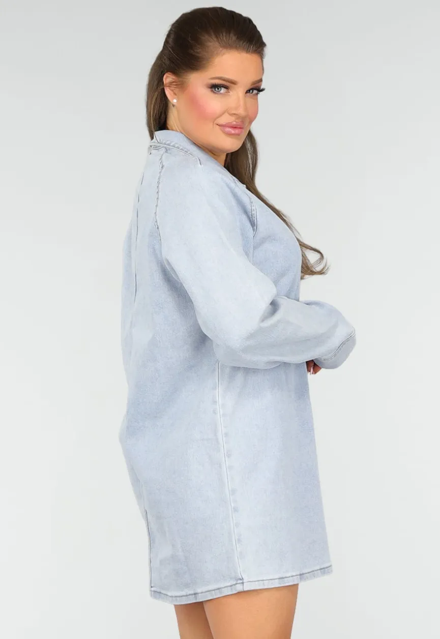 Longsleeve Oversized Denim Jurk met V-hals