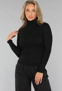 Longsleeve Ribstof Top met Col in Zwart
