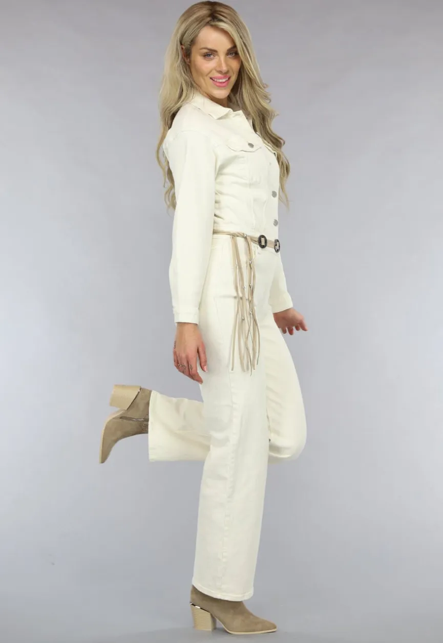 Longsleeve Straight Leg Jeans Jumpsuit in Crème