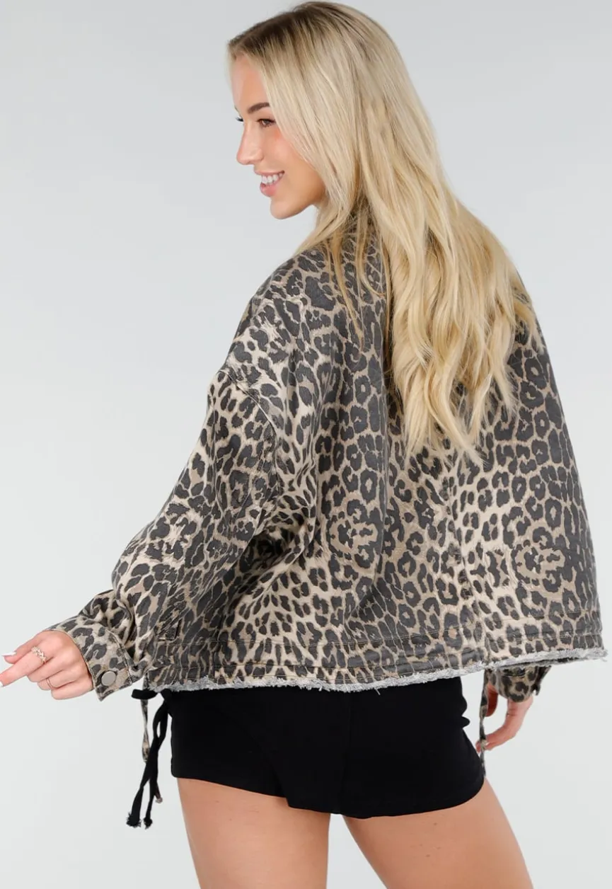 Luipaardprint Denim Jas met Klepzakken en Trekkoord