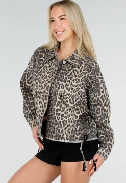 Luipaardprint Denim Jas met Klepzakken en Trekkoord