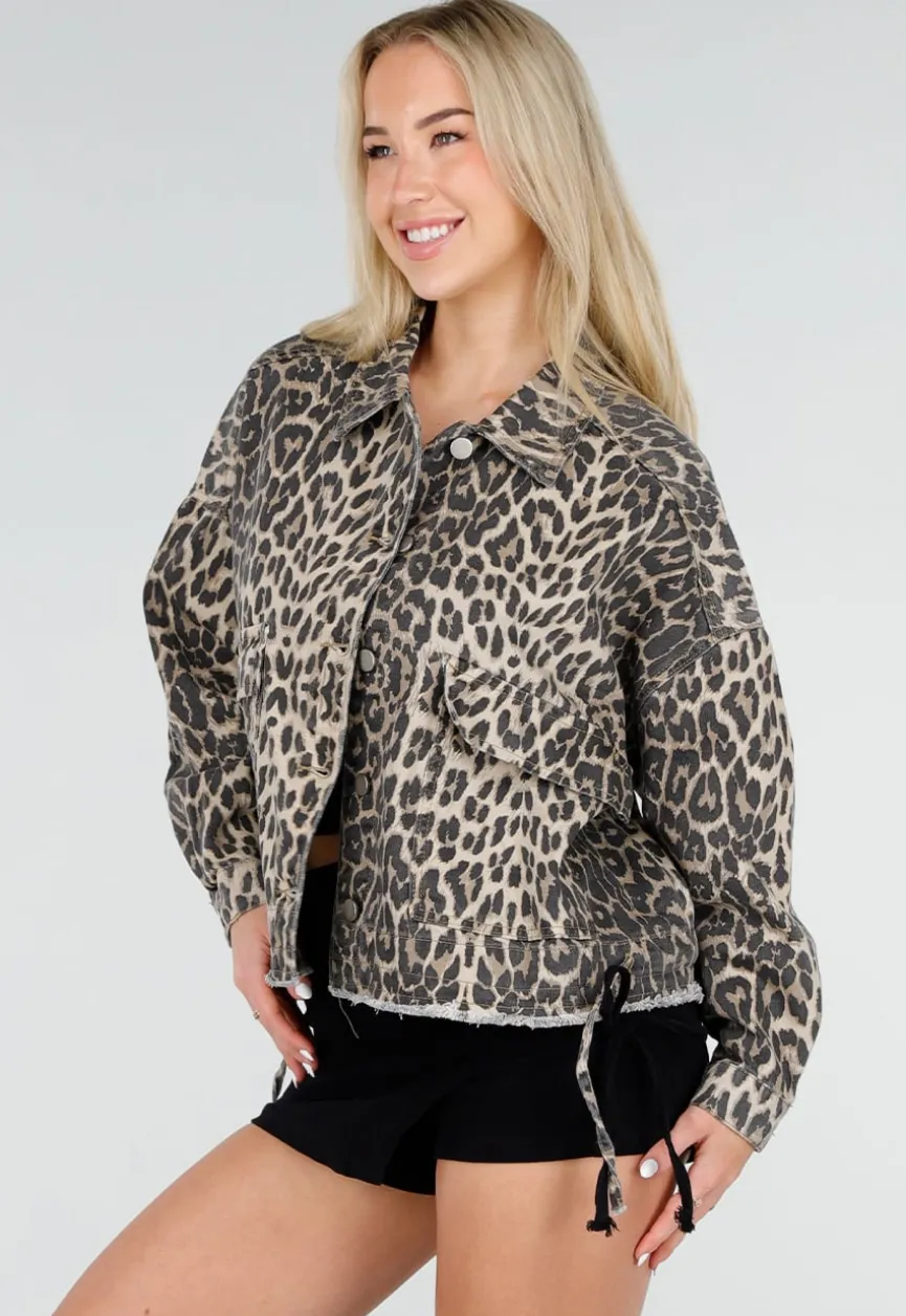 Luipaardprint Denim Jas met Klepzakken en Trekkoord