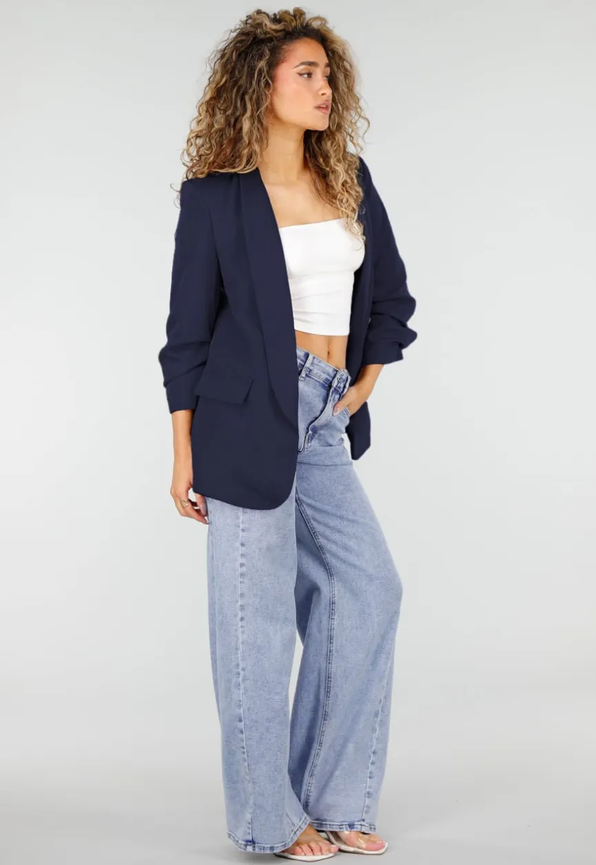 Marine Blauwe Blazer met Geplooide Driekwart Mouwen