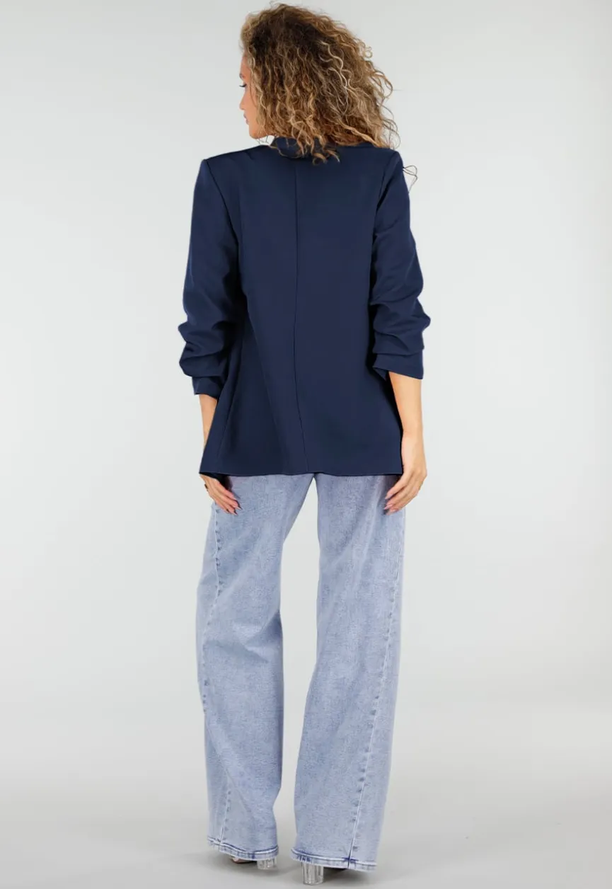 Marine Blauwe Blazer met Geplooide Driekwart Mouwen