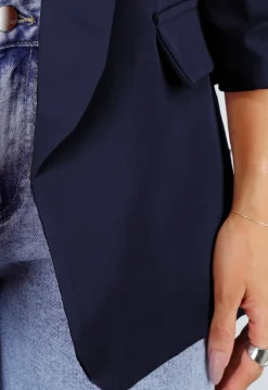Marine Blauwe Blazer met Geplooide Driekwart Mouwen