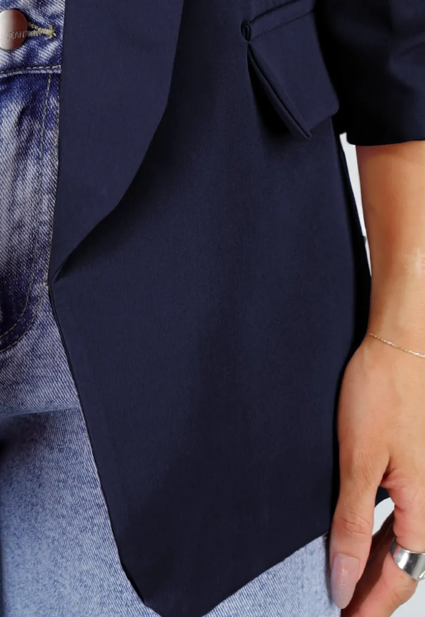 Marine Blauwe Blazer met Geplooide Driekwart Mouwen