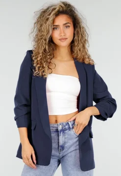 Marine Blauwe Blazer met Geplooide Driekwart Mouwen