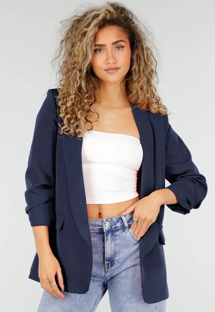 Marine Blauwe Blazer met Geplooide Driekwart Mouwen