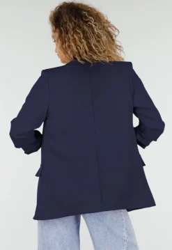 Marine Blauwe Blazer met Geplooide Driekwart Mouwen