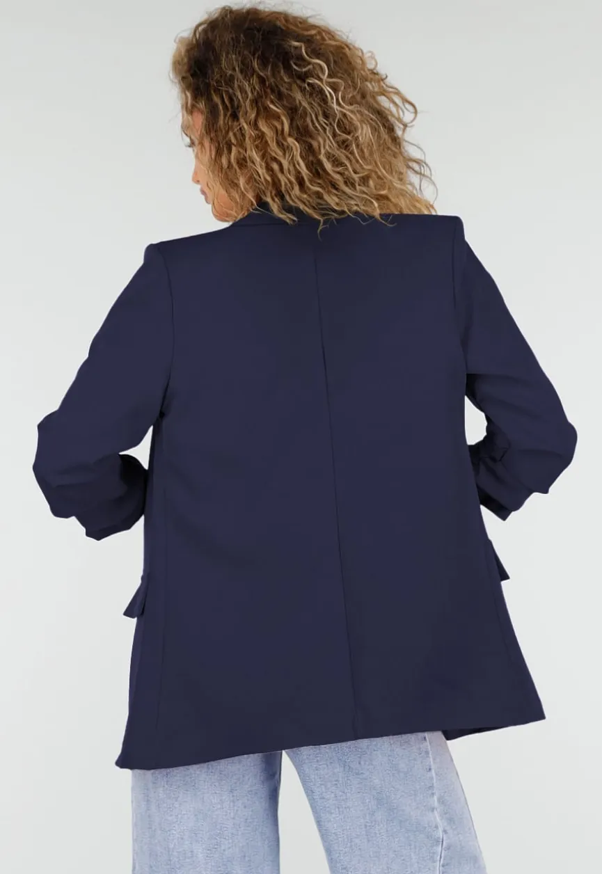 Marine Blauwe Blazer met Geplooide Driekwart Mouwen