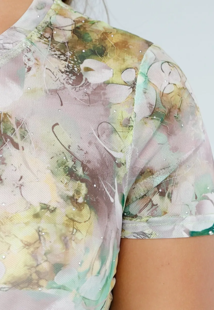 Mesh Bodysuit met Korte Mouwen en Zachte Bloemenprint