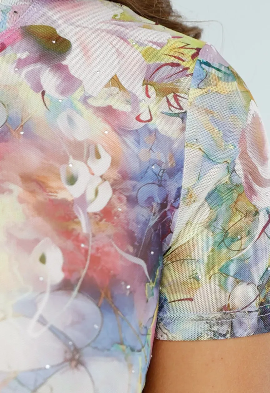 Mesh Bodysuit met Korte Mouwen en Pastelkleurige Bloemenprint in Zachte Tinten