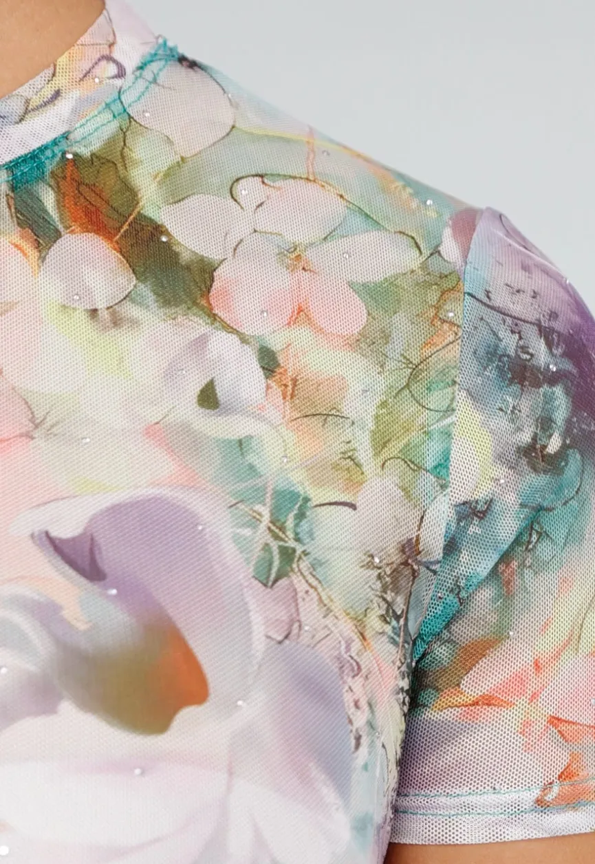 Mesh Bodysuit met Korte Mouwen en Zachte Multicolor Bloemenprint