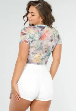 Mesh Bodysuit met Korte Mouwen en Zachte Multicolor Bloemenprint