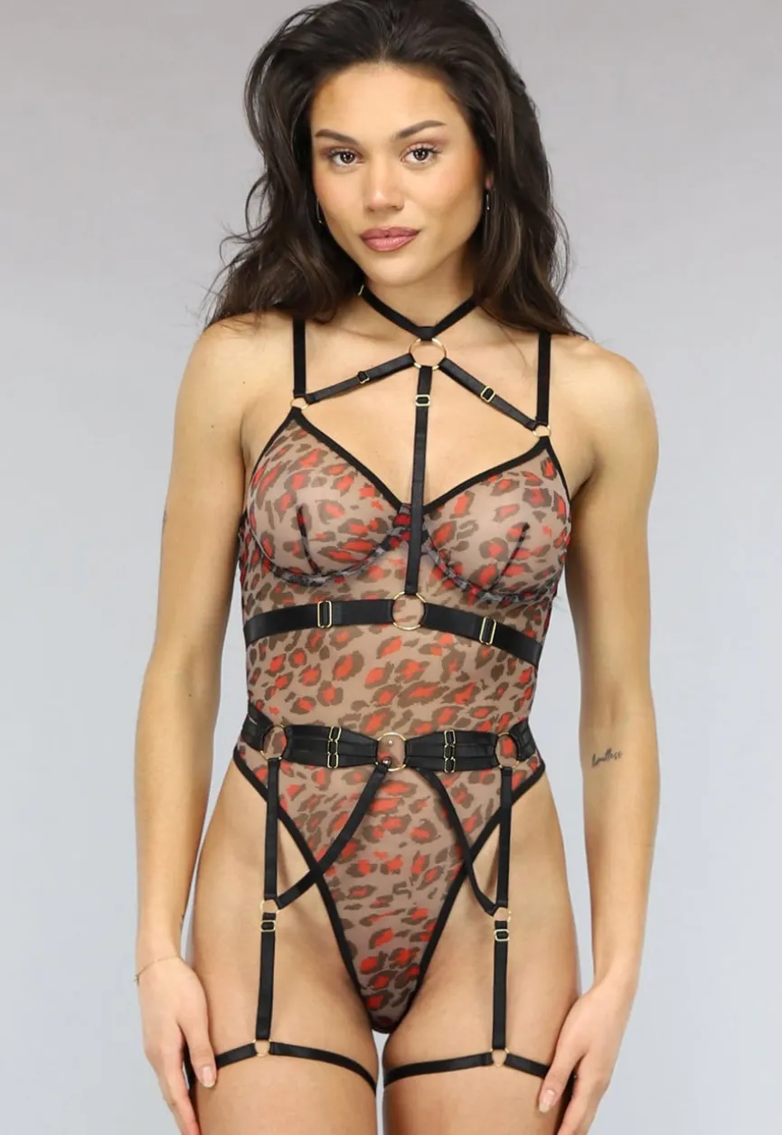 Mesh Luipaard Body met Beugels en Kinky Straps