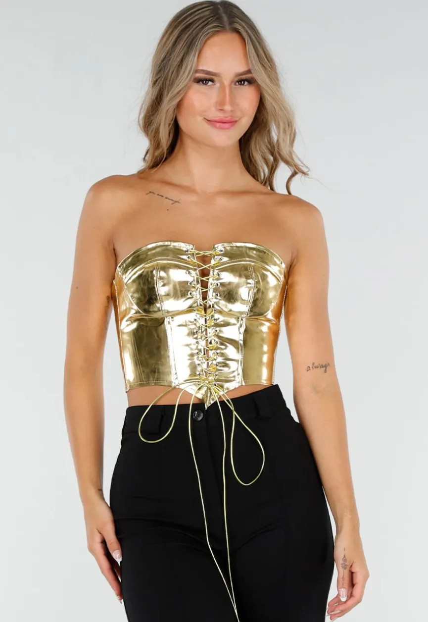Metallic Gouden Korset Top met Rijgwerk