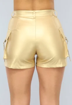 Metallic Gouden Lederlook Cargo Short met Hoge Taille