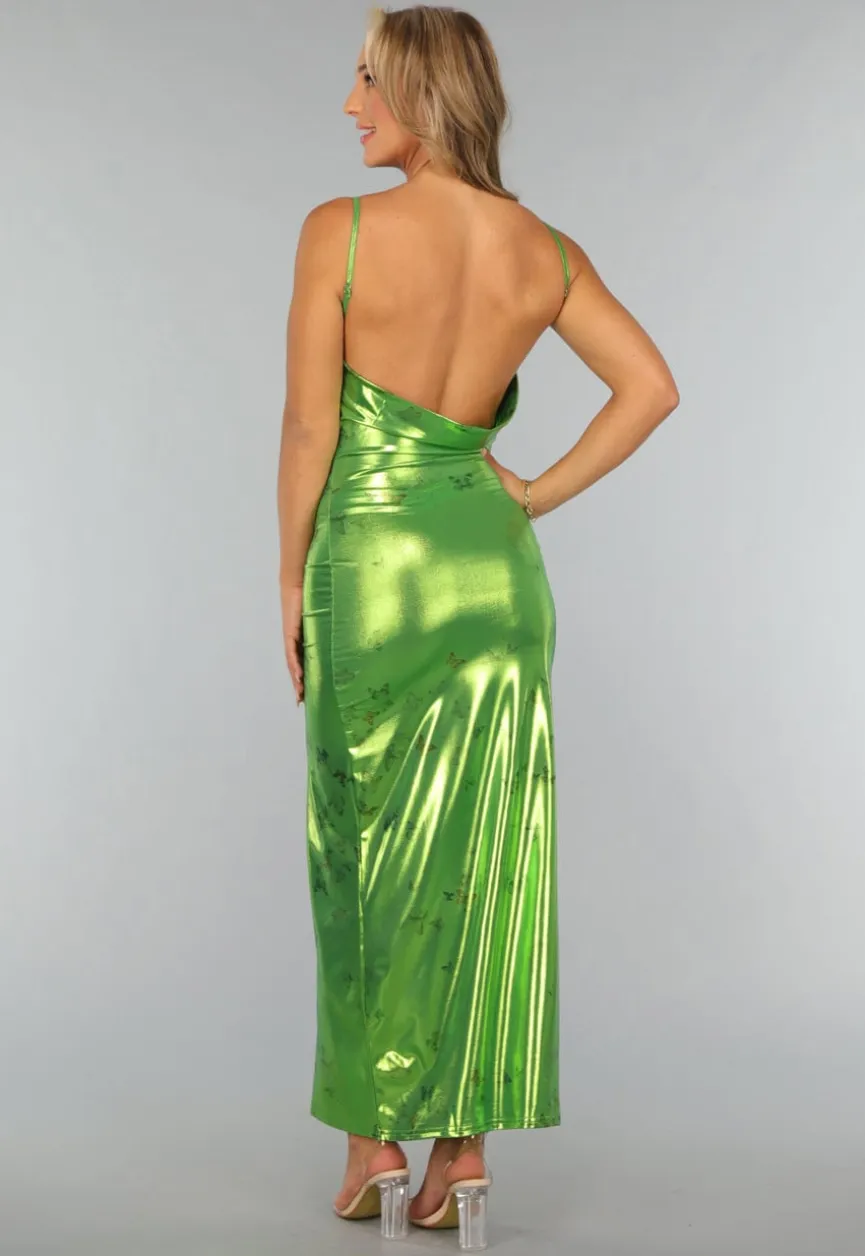 Metallic Groene Maxi Jurk met Vlinders