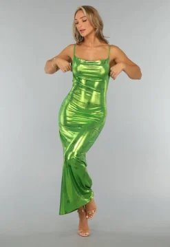 Metallic Groene Maxi Jurk met Vlinders