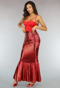 Metallic Zeemeermin Rok in Rood met Schubbenpatroon