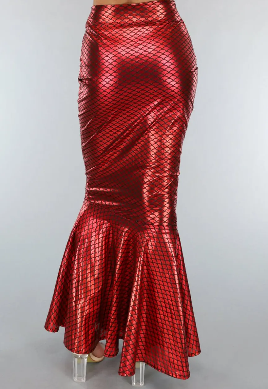 Metallic Zeemeermin Rok in Rood met Schubbenpatroon