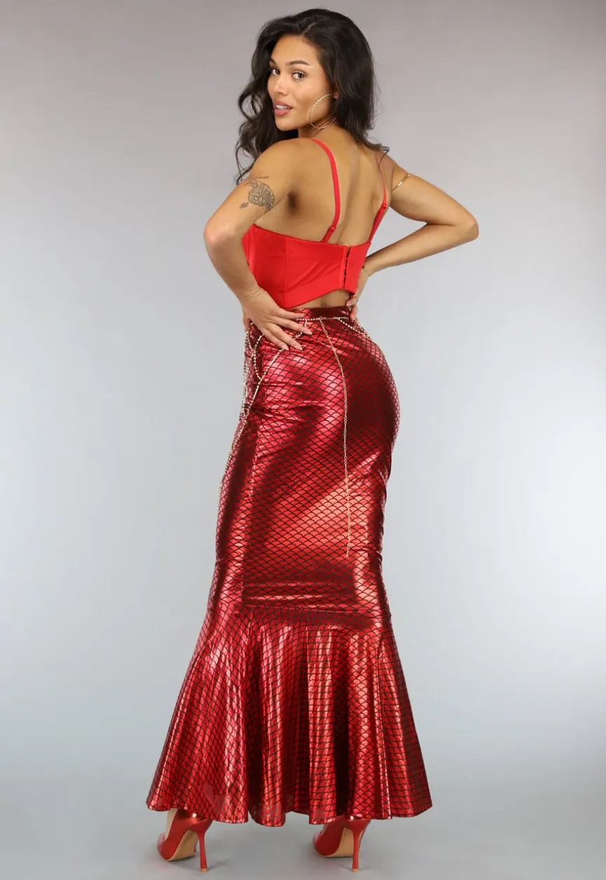 Metallic Zeemeermin Rok in Rood met Schubbenpatroon