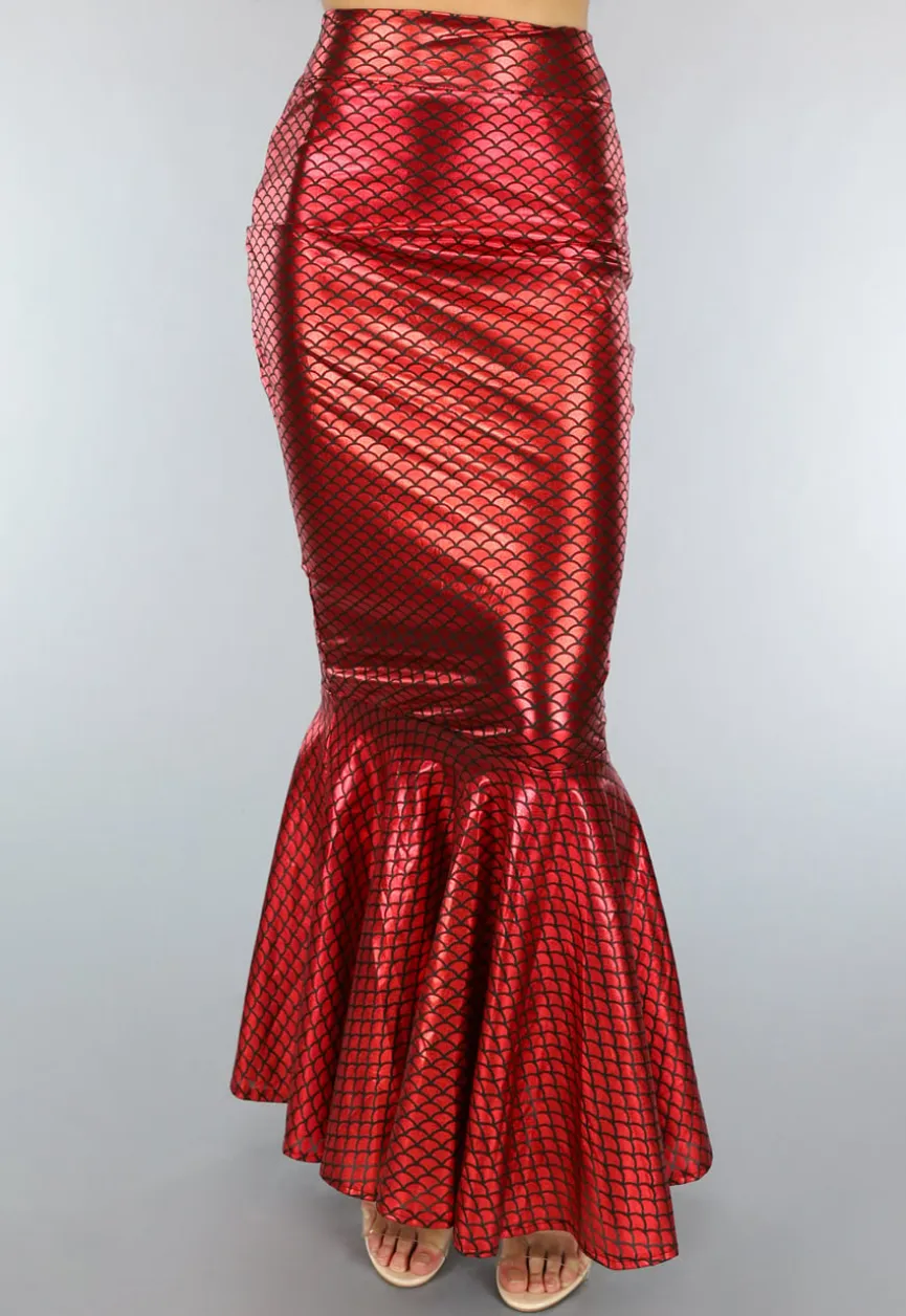 Metallic Zeemeermin Rok in Rood met Schubbenpatroon