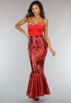 Metallic Zeemeermin Rok in Rood met Schubbenpatroon