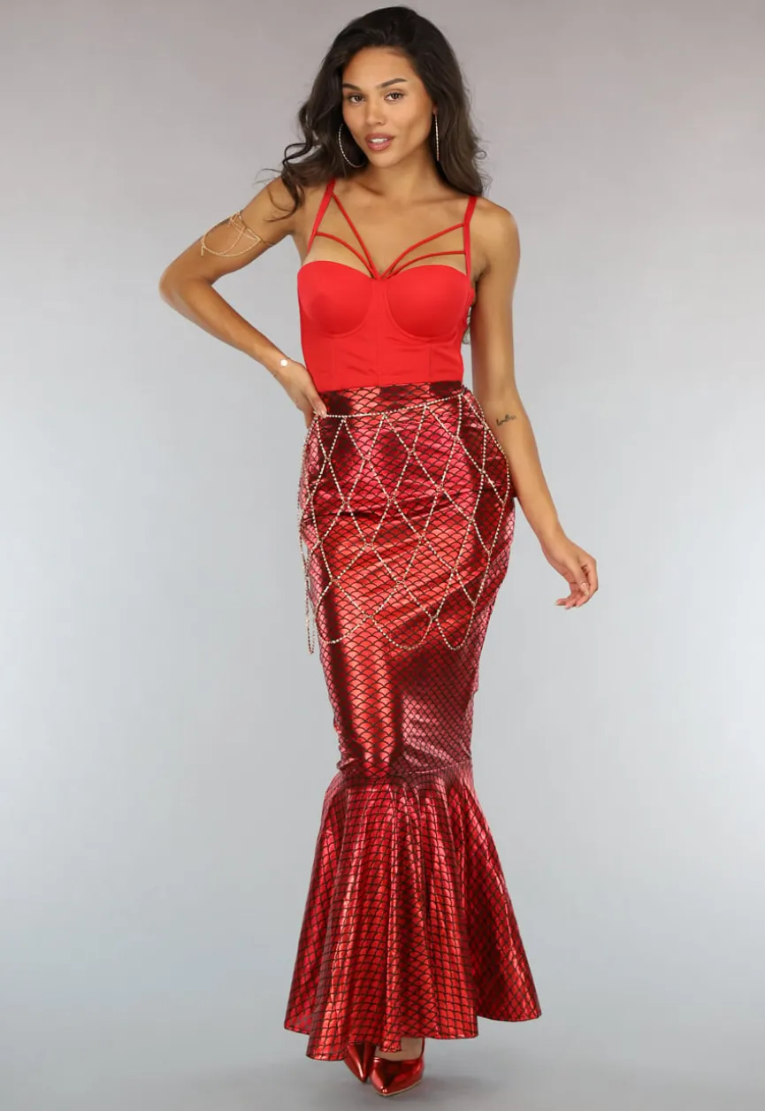Metallic Zeemeermin Rok in Rood met Schubbenpatroon