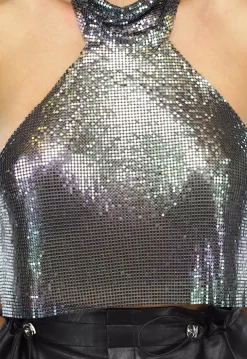 Metallic Zilveren Halter Coin Top met Open Rug