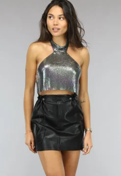 Metallic Zilveren Halter Coin Top met Open Rug