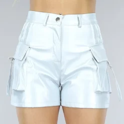 Metallic Zilveren Lederlook Cargo Short met Hoge Taille