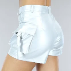 Metallic Zilveren Lederlook Cargo Short met Hoge Taille