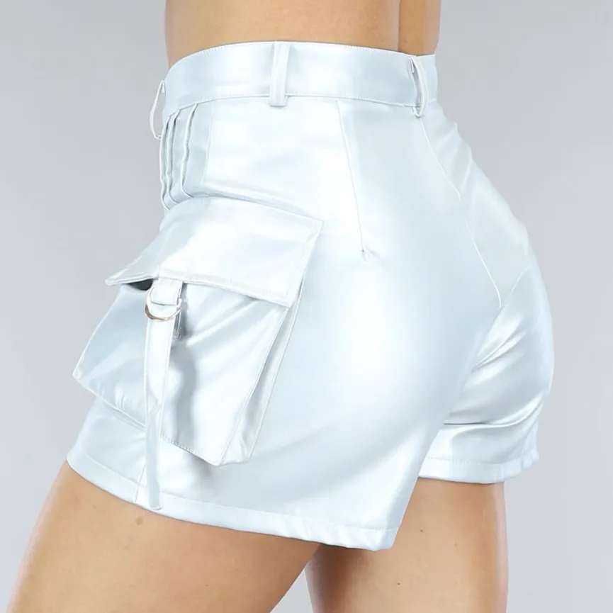 Metallic Zilveren Lederlook Cargo Short met Hoge Taille