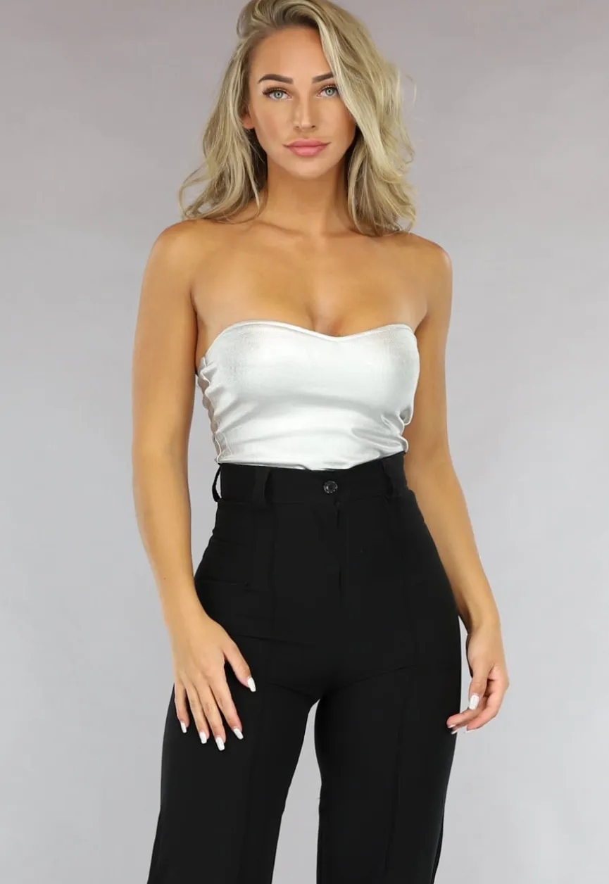 Metallic Zilveren Strapless Top met Sweetheart Halslijn