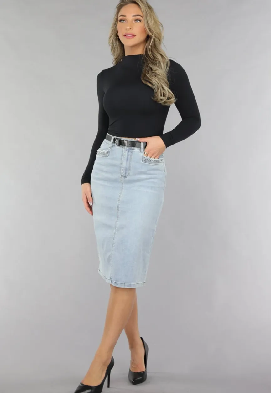 Midi Denim Rok met Studs en Riempje