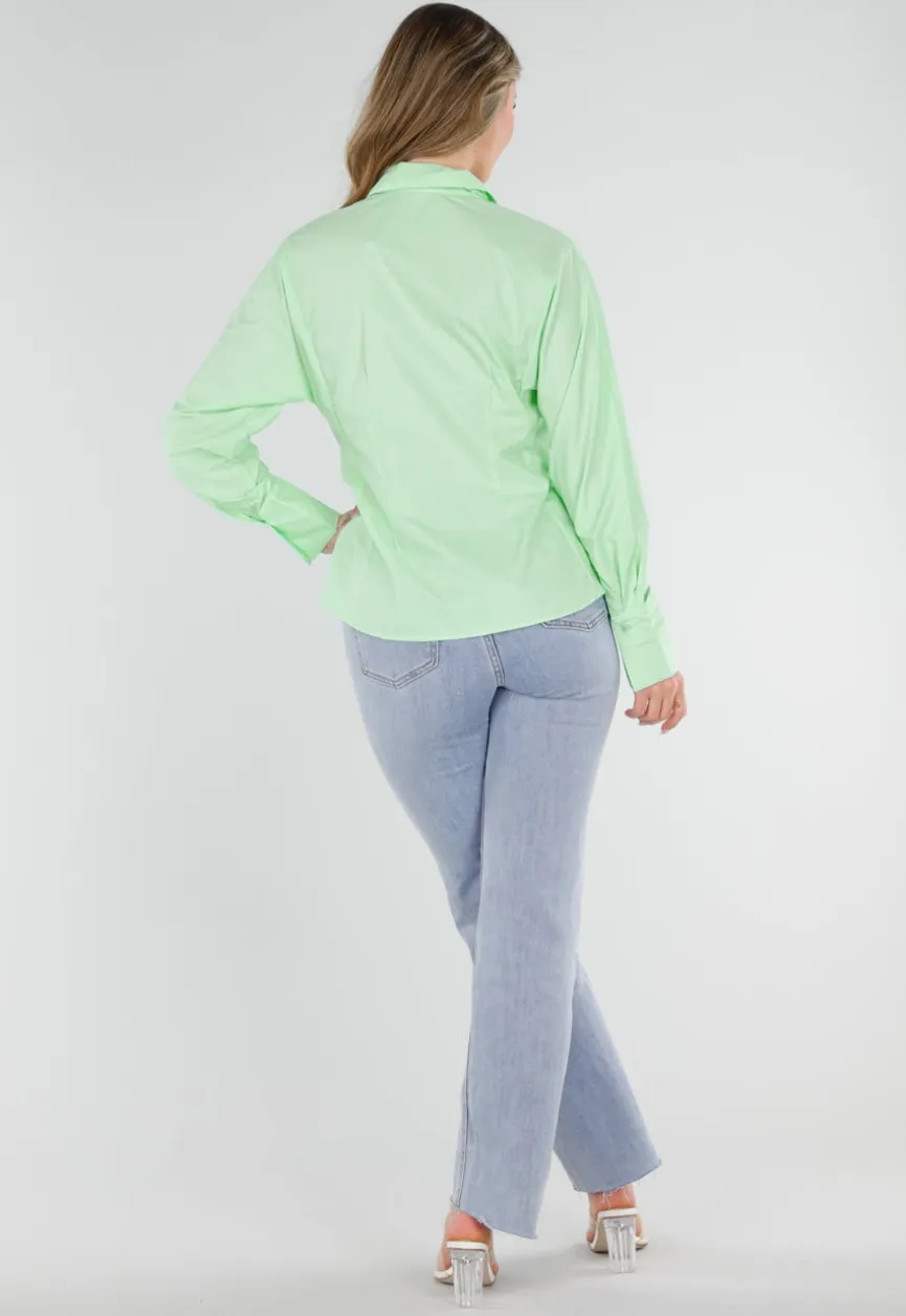Mintgroene Blouse met Stropdas en Lange Mouwen