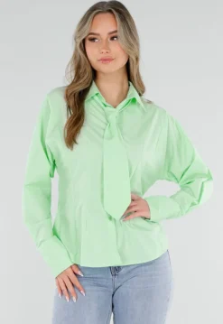 Mintgroene Blouse met Stropdas en Lange Mouwen