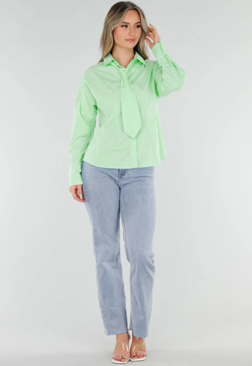 Mintgroene Blouse met Stropdas en Lange Mouwen