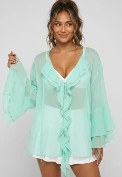Mintgroene Chiffon Blouse met Ruches en Knoopsluiting