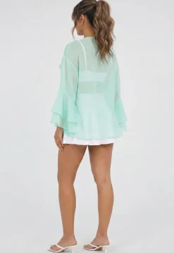 Mintgroene Chiffon Blouse met Ruches en Knoopsluiting