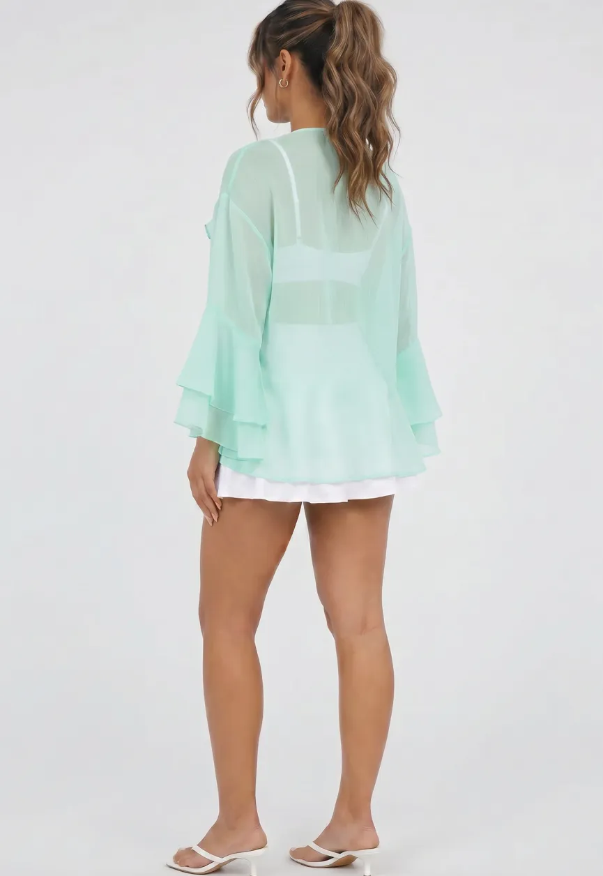 Mintgroene Chiffon Blouse met Ruches en Knoopsluiting