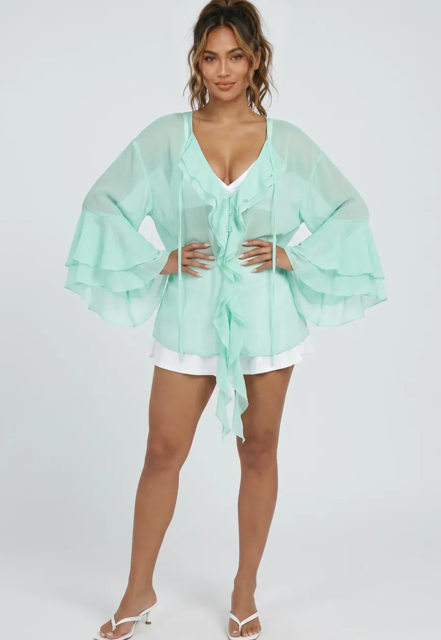 Mintgroene Chiffon Blouse met Ruches en Knoopsluiting