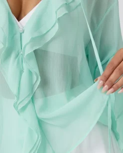 Mintgroene Chiffon Blouse met Ruches en Knoopsluiting