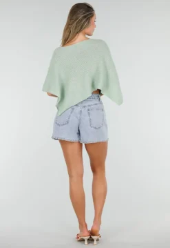Mintgroene Gebreide Poncho Trui met Wijde Pasvorm